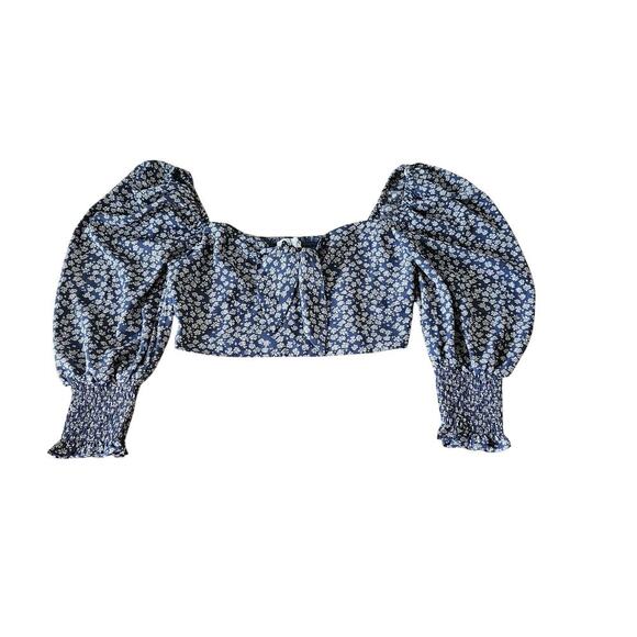 ACOA Crop Top Blue Floral Balloon Sleeve Blouse Women's Size Small Elastic Back - Picture 3 of 8